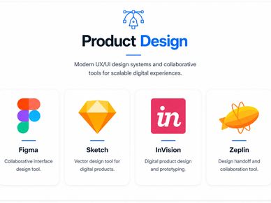 Overview of popular product design tools with logos and descriptions.