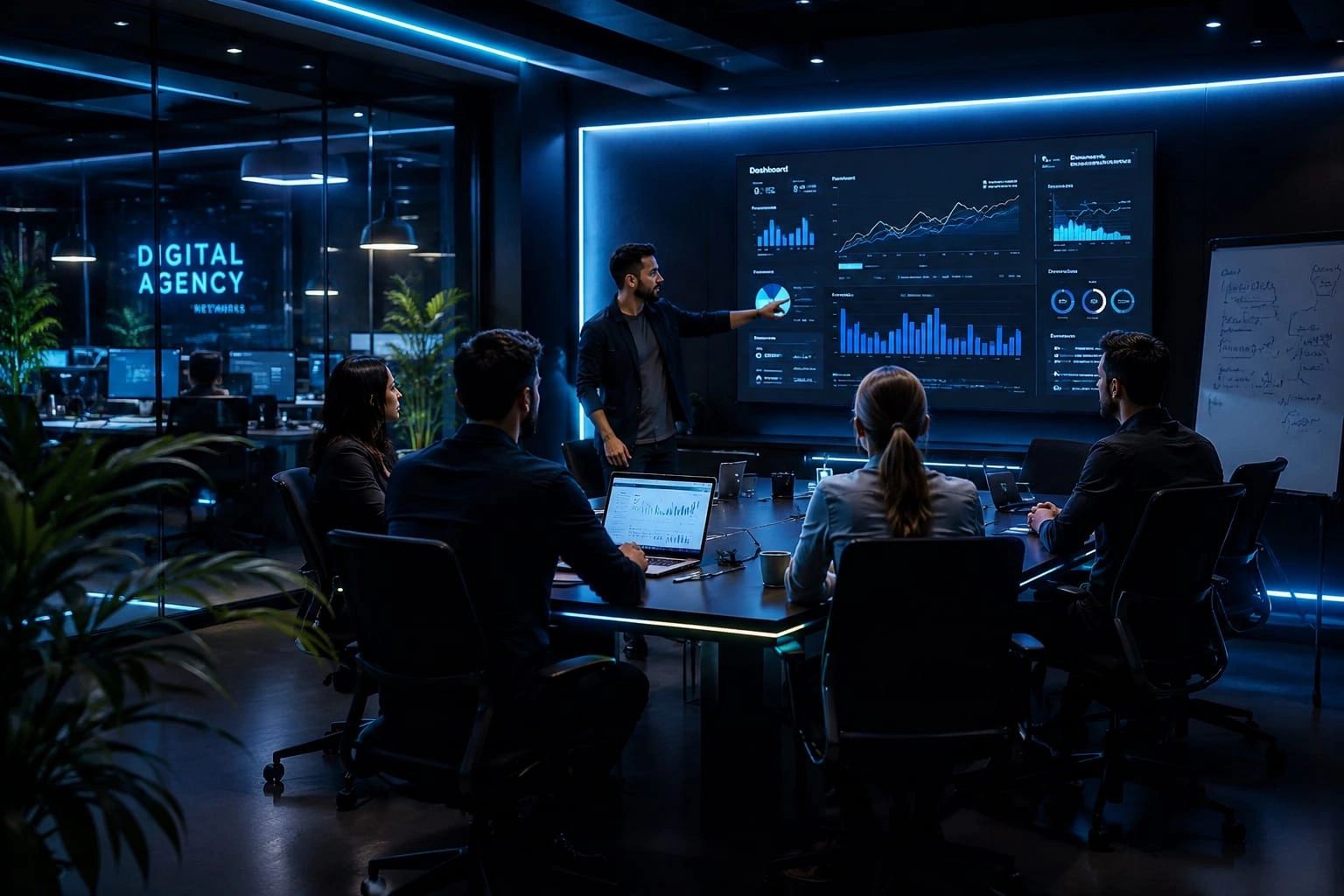 Team in a dark office reviewing digital marketing data on a large screen.