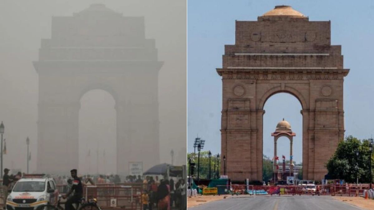 New Delhi before (left) and after a 21-day lockdown.