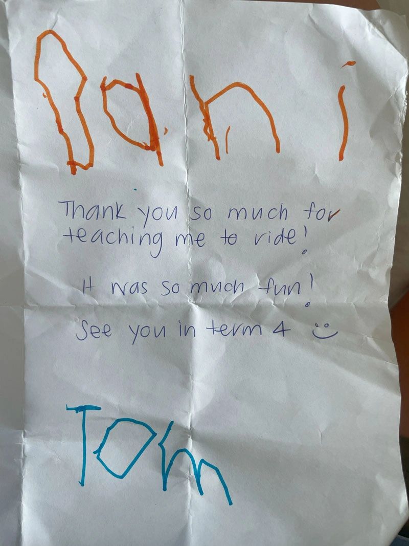 Tom's thank you note to instructor Dani