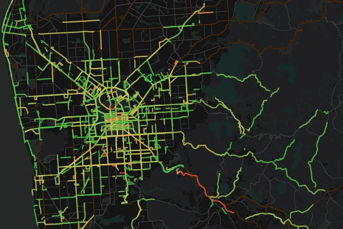 Project Velograph's colour-coded map of Adelaide ride routes Project Velograph's colour-coded map of Adelaide ride routes
