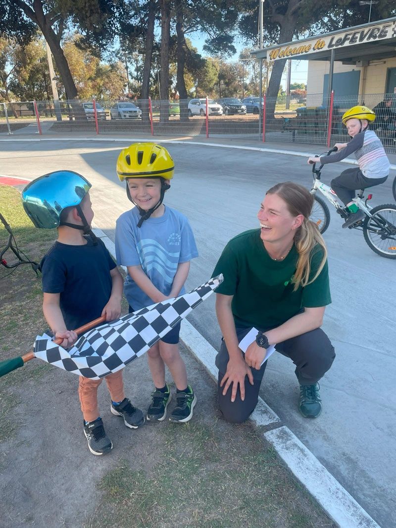 Tom, Charlie and instructor Dani at Le Fevre Cycle Speedway