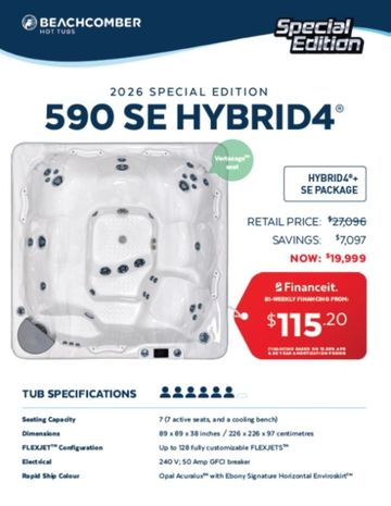 2026 Beachcomber 590 SE Hybrid4 hot tub special edition with seating for 7 and advanced features.
