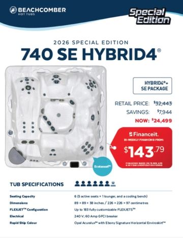 Special edition Beachcomber 740 SE Hybrid4 hot tub with financing options.