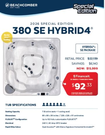 2026 Beachcomber 380 SE Hybrid4 hot tub special edition with savings and financing.