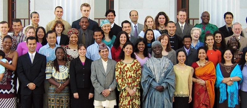 photo of gathering on the steps of the Universal House of Justice Building, Haifa, Israel.