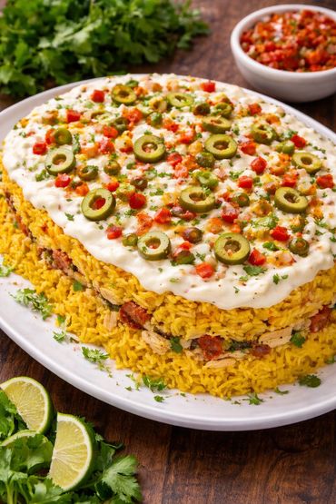 Layered yellow rice dish topped with creamy sauce, olives, and diced vegetables.