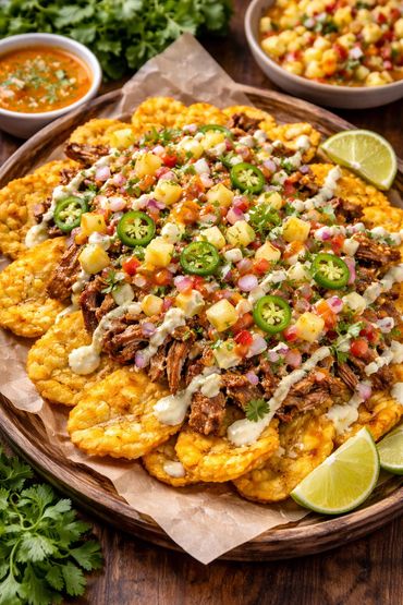 Loaded tostones topped with shredded meat, diced vegetables, jalapeños, and creamy sauce.