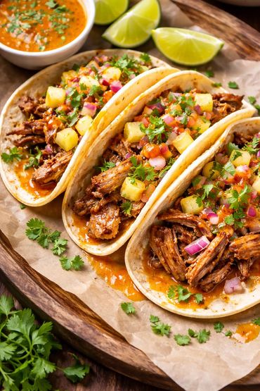 Three pulled pork tacos topped with pineapple salsa and cilantro.