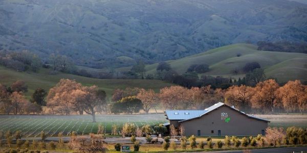 Building amidst autumn trees and rolling hills.