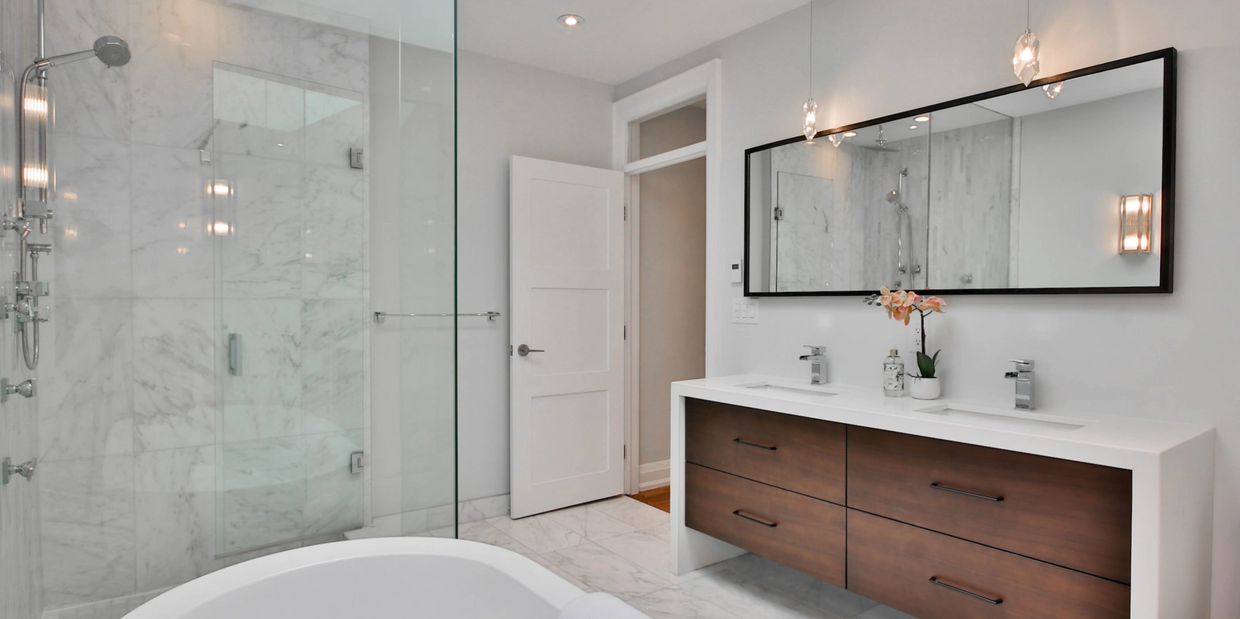 Stylish modern bathroom renovation in Fairfield County CT, along with vanity, shower tile and tub.