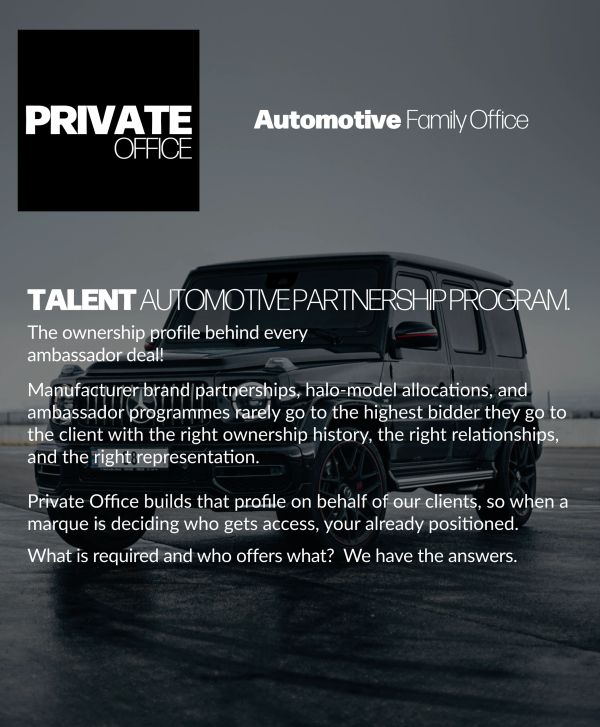 Private Office Automotive partnership program for exclusive ambassador deals.