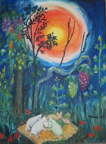 Whimsical forest scene with animals and a radiant sunset.