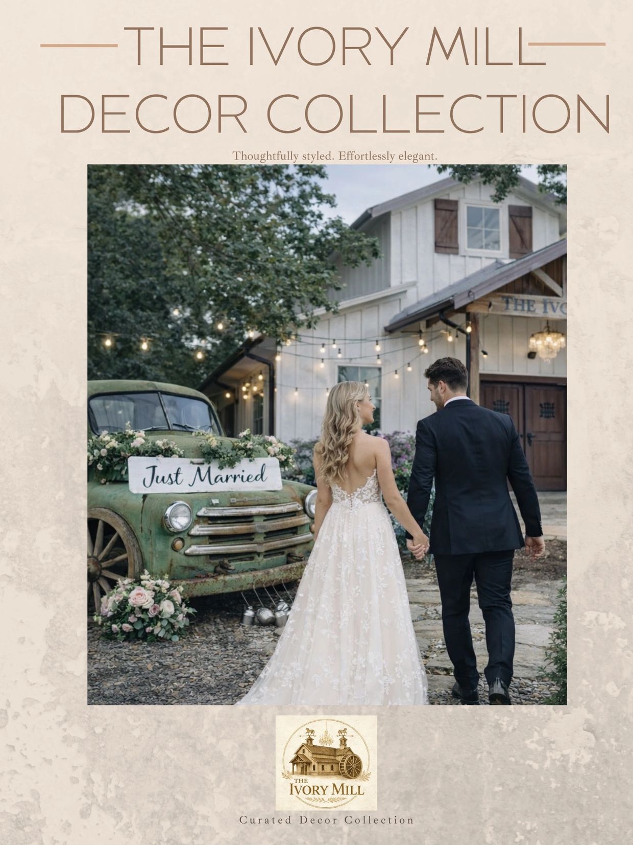 Newlywed couple walking hand in hand by a rustic decorated truck at Ivory Mill.