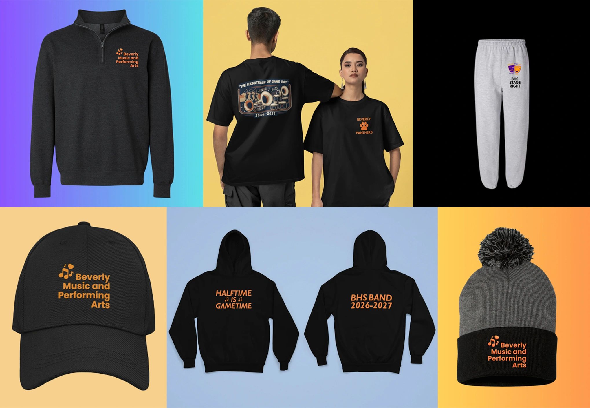 Beverly Music and Performing Arts apparel collection including hats, hoodies, shirts, and sweatpants.