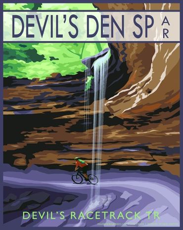 Poster of mountain biker riding Devil's Racetrack Trail in Devil's Den State Park, Arkansas.