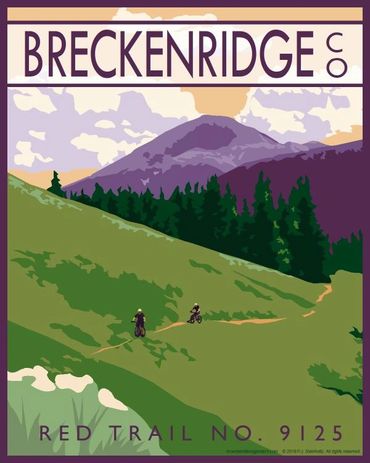Poster of mountain bikers riding Red Trail No. 9125, Breckenridge, Colorado. Orange, green, purple