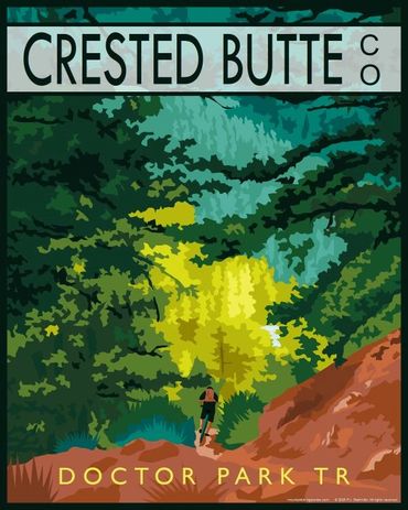 Poster of mountain biker riding Dr. Park Trail in Crested Butte, CO. Green, teal, brown theme.