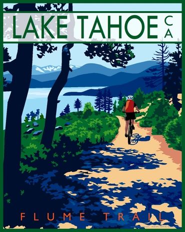 Poster of mountain biker riding Flume Trail in Lake Tahoe, California. Blue, green, orange theme.