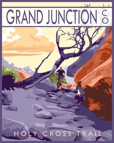 Poster of mountain biker on Holy Cross Trail in Grand Junction, Colorado. Purple, orange, green.