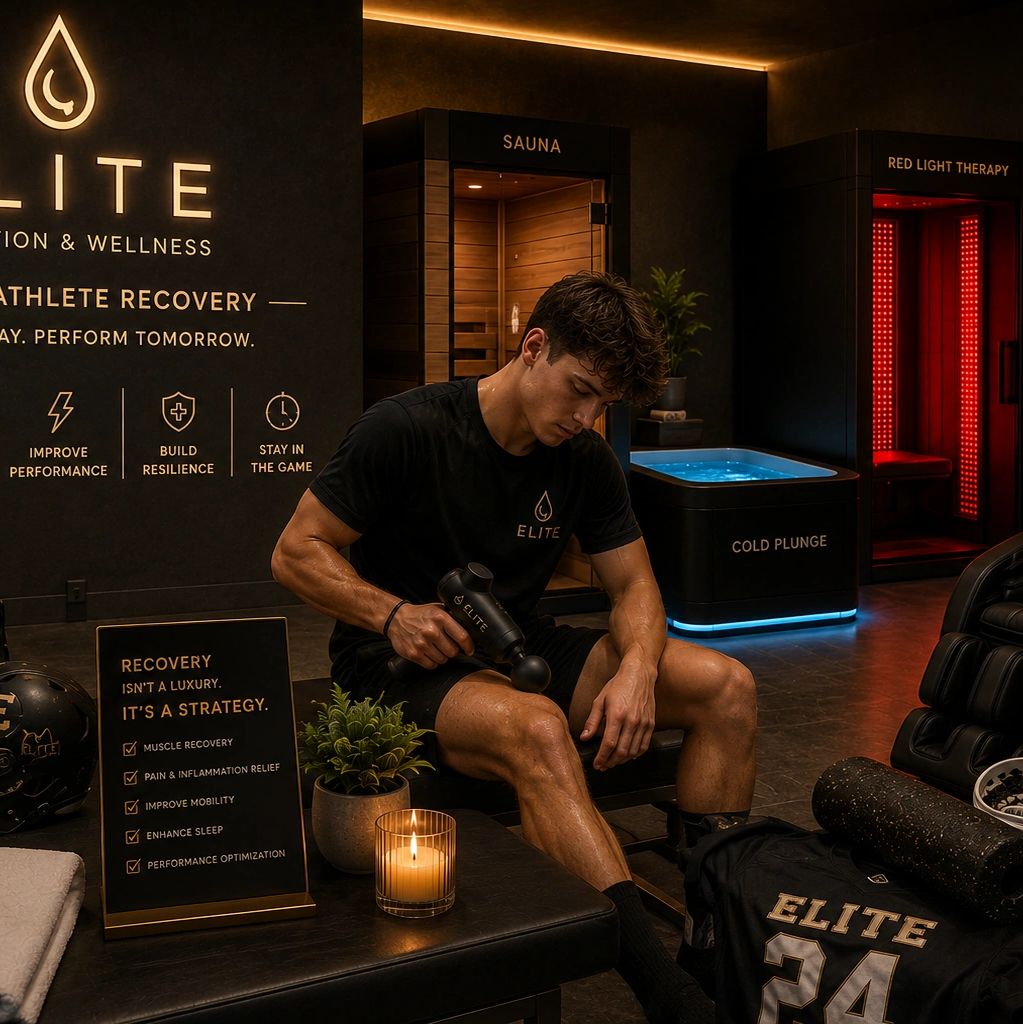 Athlete in the recovery room with cold plunge, sauna, red light therapy and compression