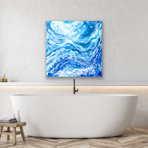 Acrylic and resin abstract painting by Artist S.J.Dopheide in a calm bathroom setting