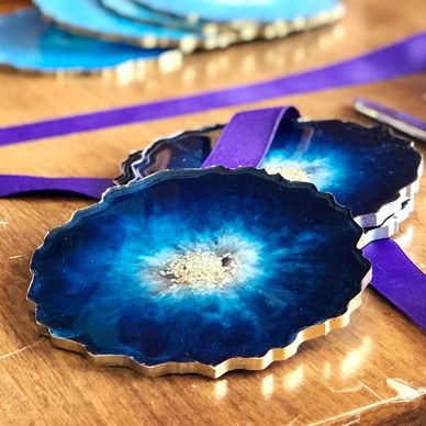Blue White and Gold Geode Resin Coaster