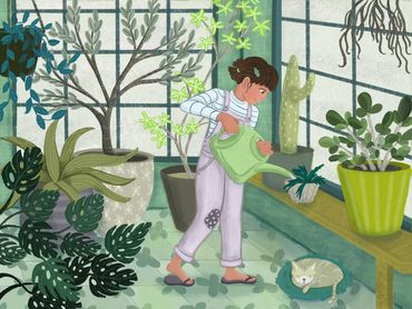 Woman watering plants in a sunny room with a cat nearby.