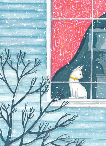 White cat gazing outside snowy window with red curtains.