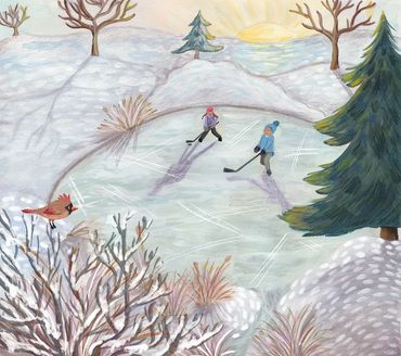 Two people playing hockey on a frozen pond in winter.