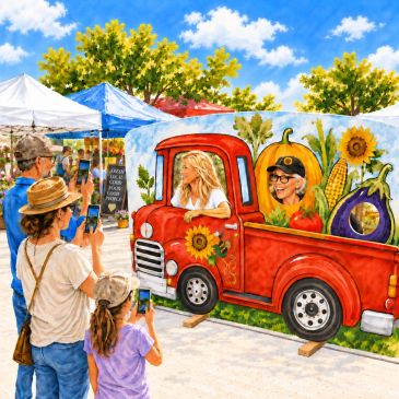 People take photos with a colorful farm-themed truck cutout.