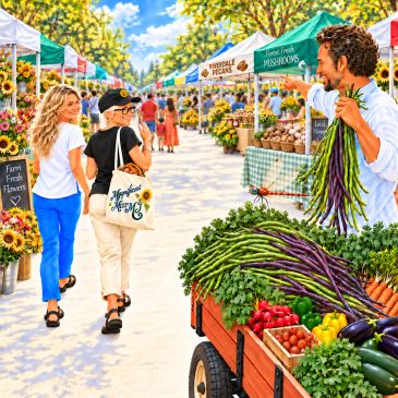 People shopping at a vibrant farmers market on a sunny day.