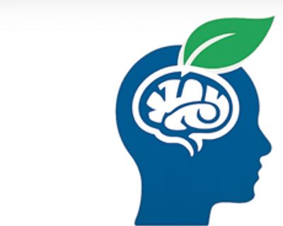 Silhouette of a head with a brain and a green leaf symbolizing growth.