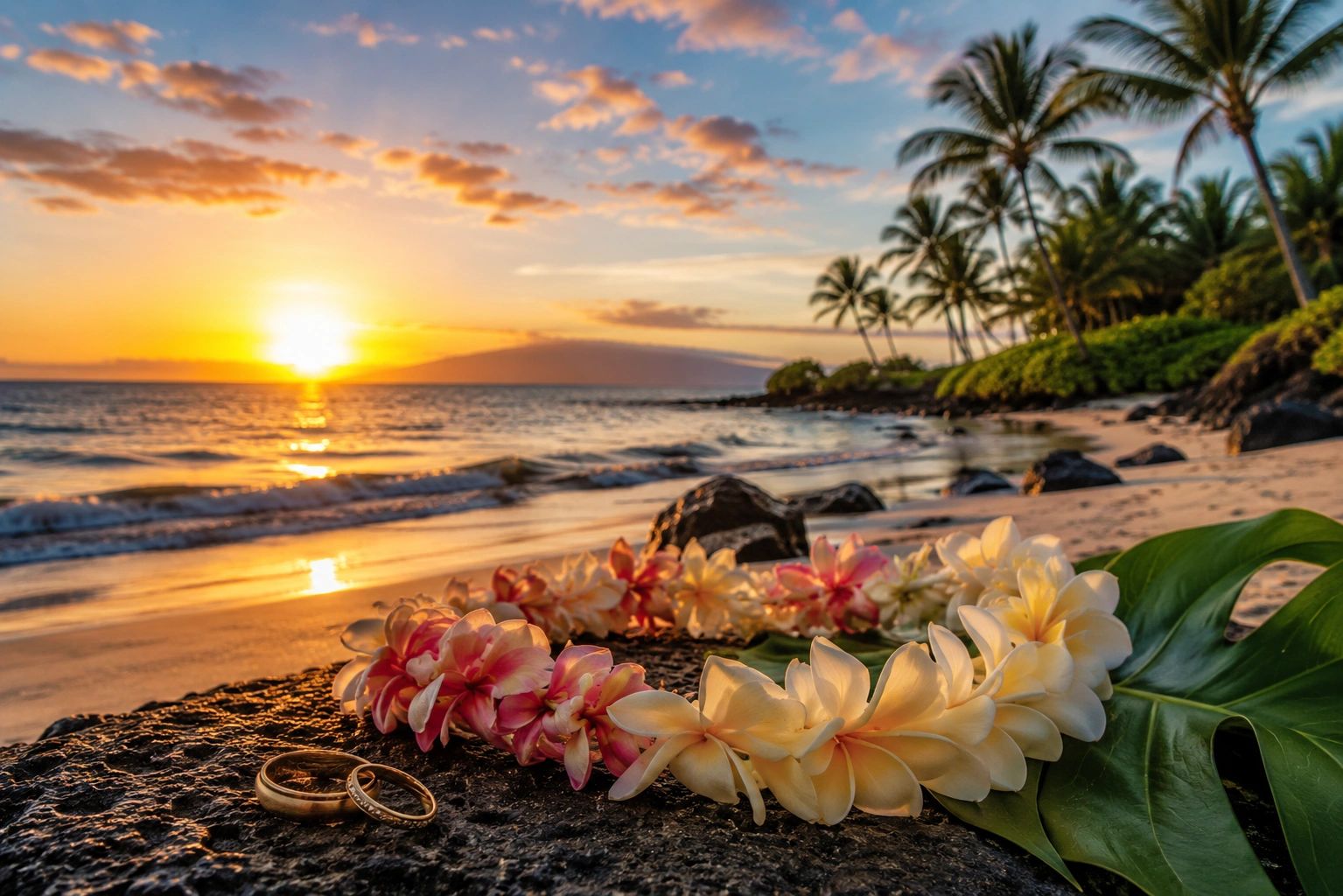 Wedding rings and lei on a beach at sunset with palm trees.