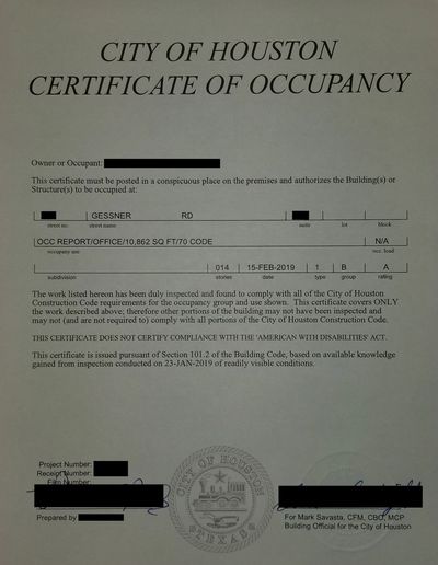 City of Houston Certificate of Occupancy