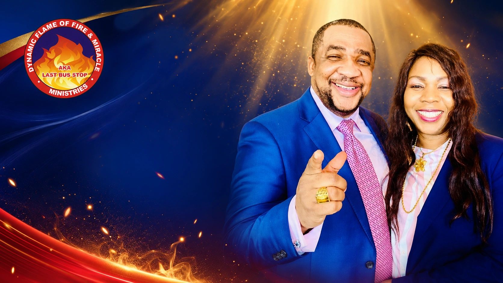 Two smiling people with a church logo on a fiery background.