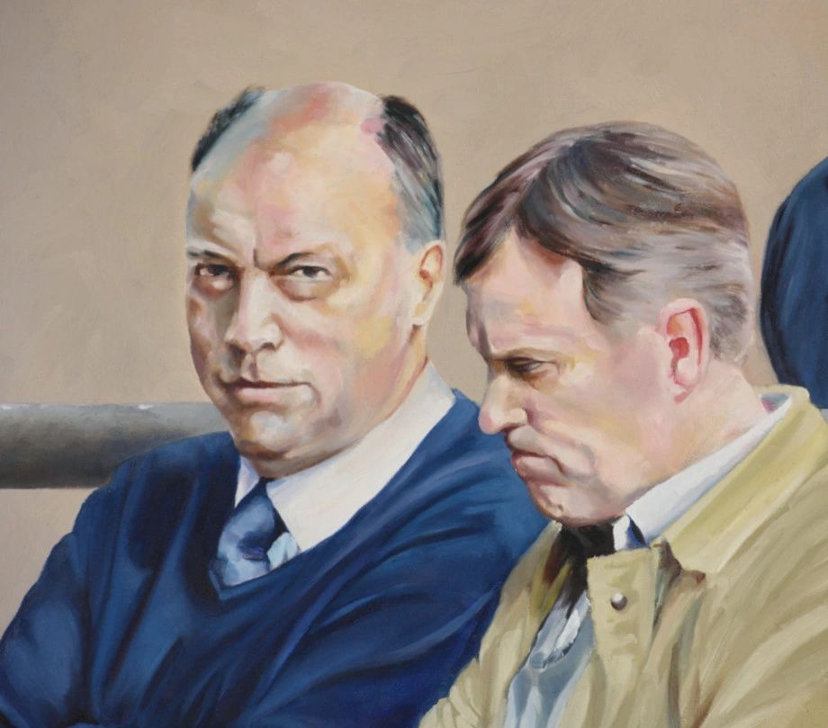 Oil painting on board. Group of farmers at livestock market.