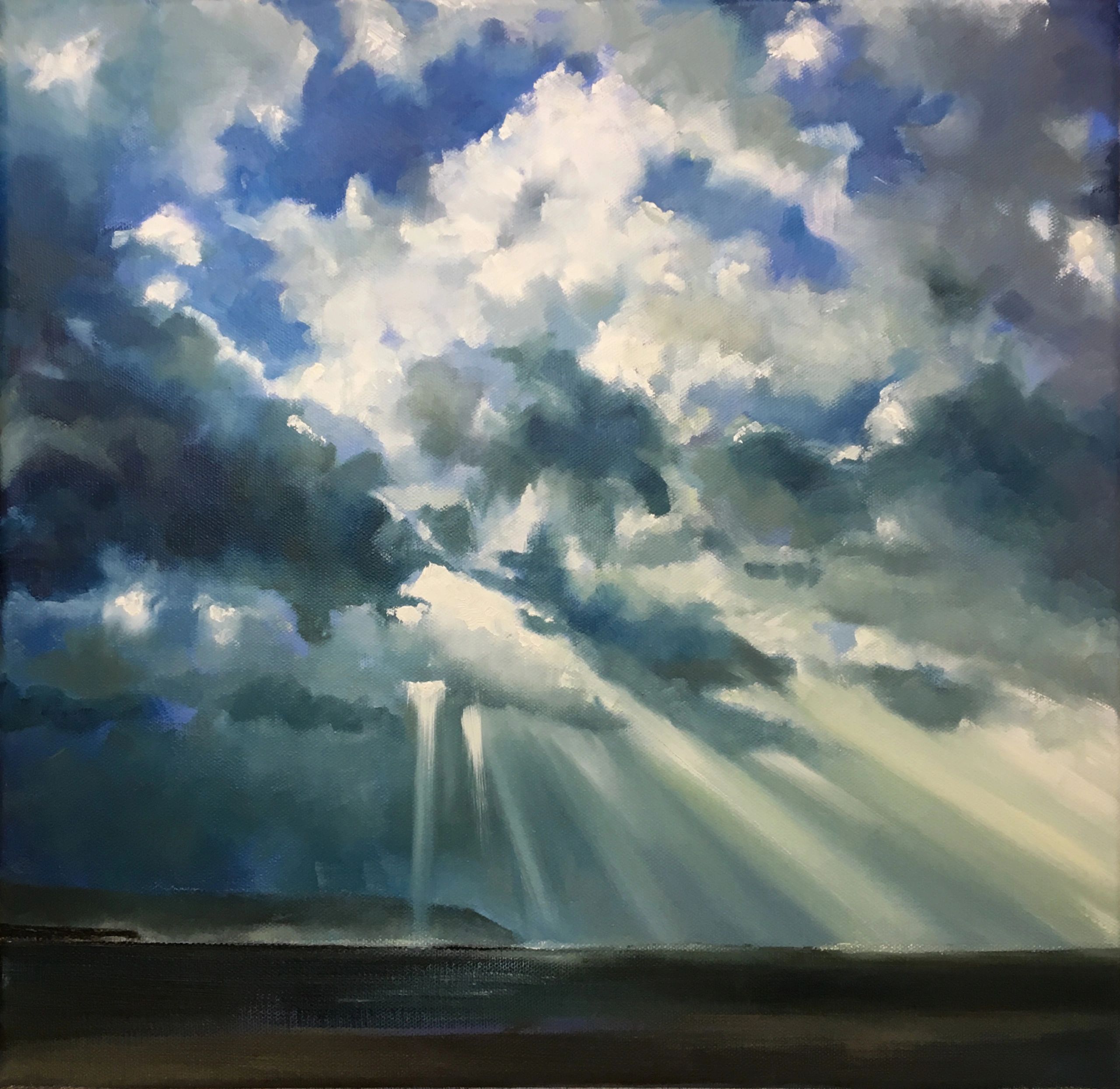 Oil painting on canvas. Sunlight bursting through clouds above sea. Distant headland.
