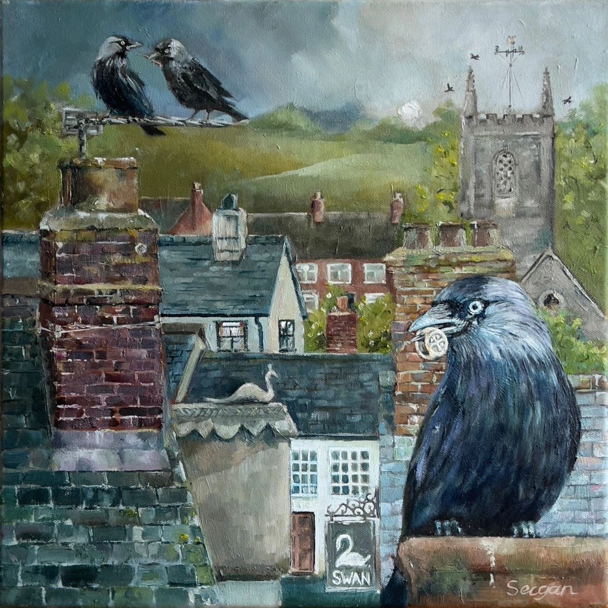Oil painting of Jackdaws on rooftops