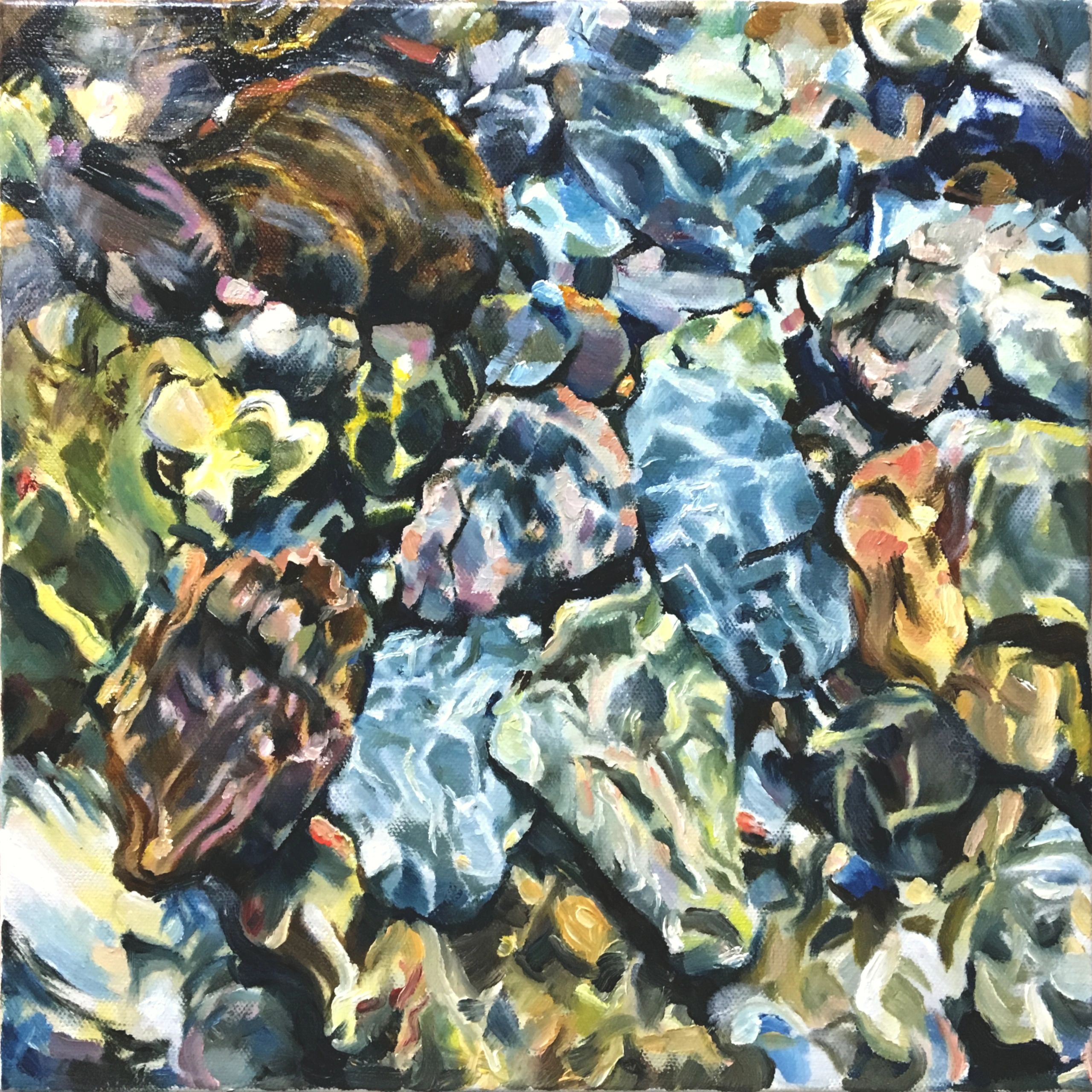 Oil painting on canvas, stones in river, semi abstract. Light reflections on water.