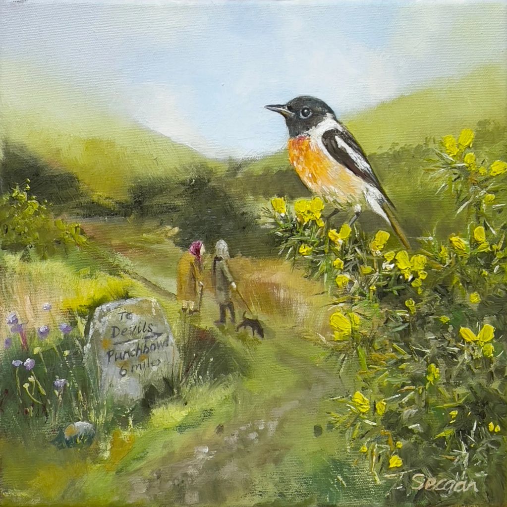 Oil Painting Stonechat bird sat upon gorse with two women gossiping in the distance