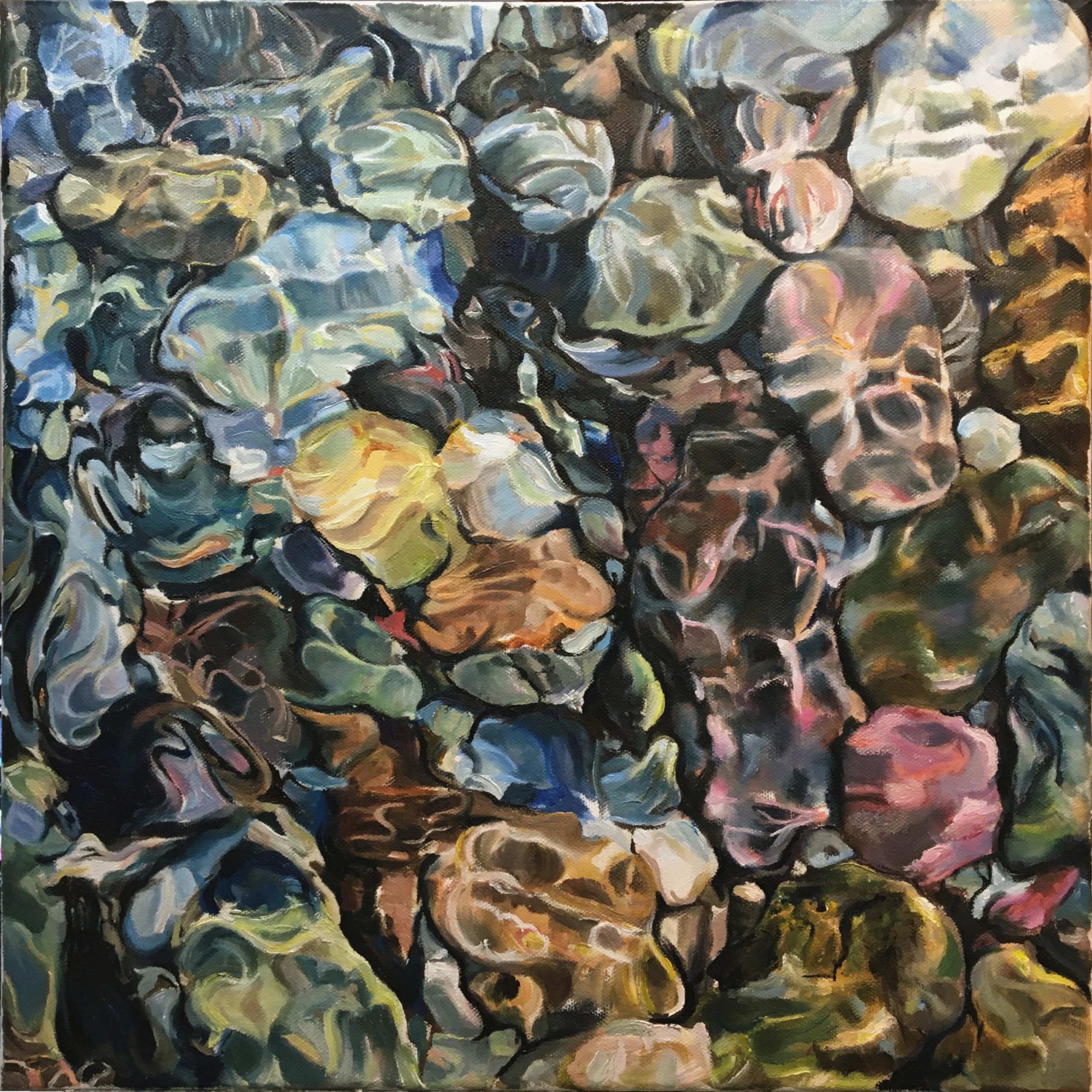 Oil painting on canvas, stones in river, semi abstract. Light reflections on water.