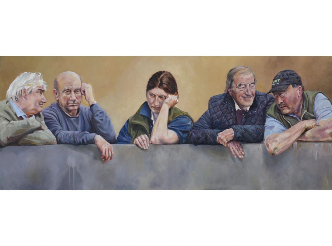 Oil painting on board. Group of farmers at livestock market.