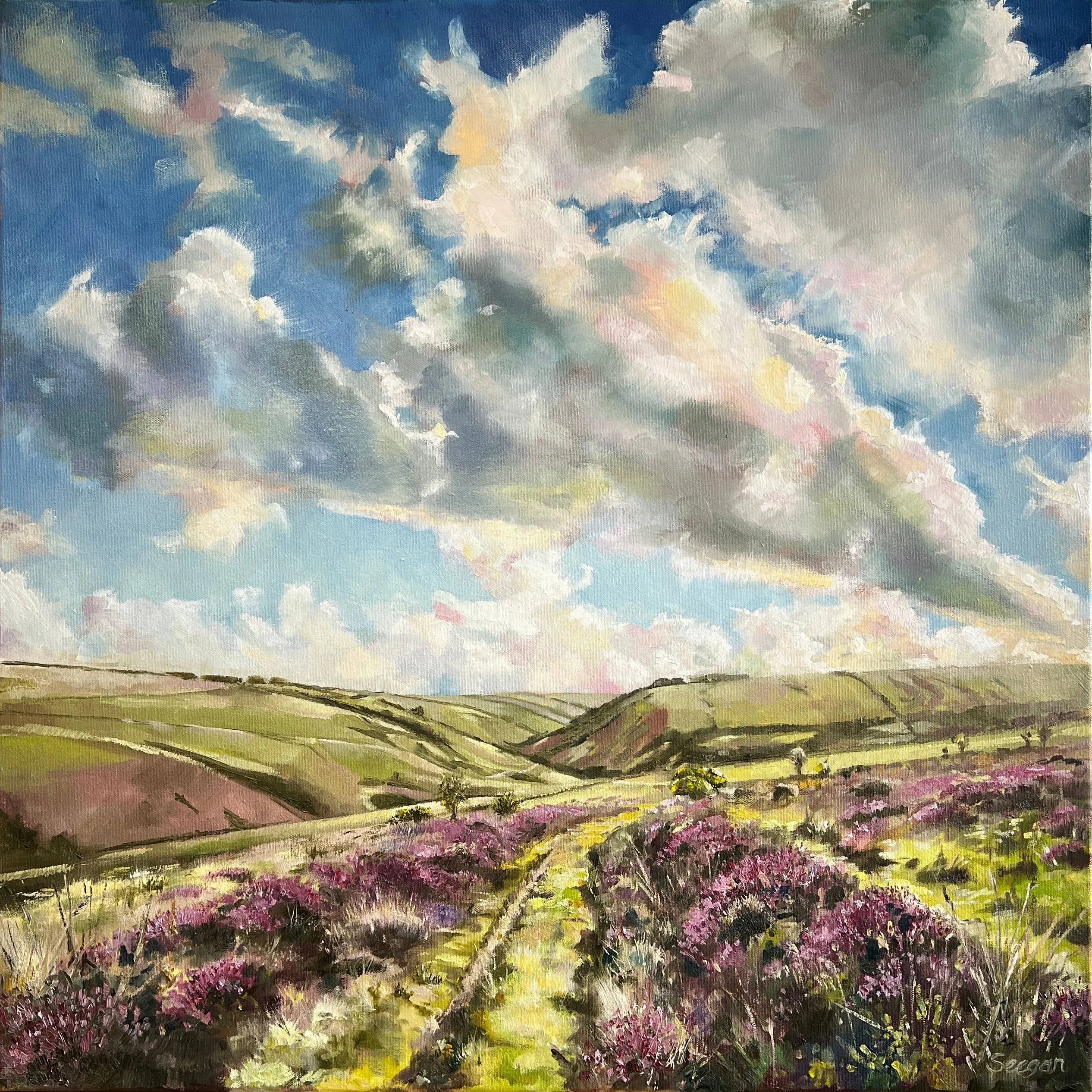 Dramatic cloudy skies build over Sherdon and Barle river valleys. Original Landscape painting in oil