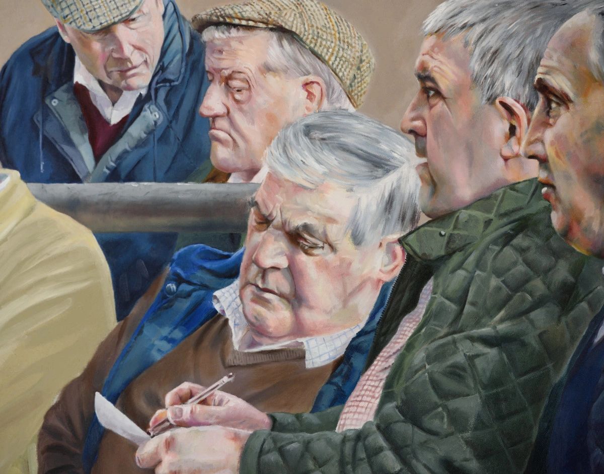 Oil painting on board. Group of farmers at livestock market.