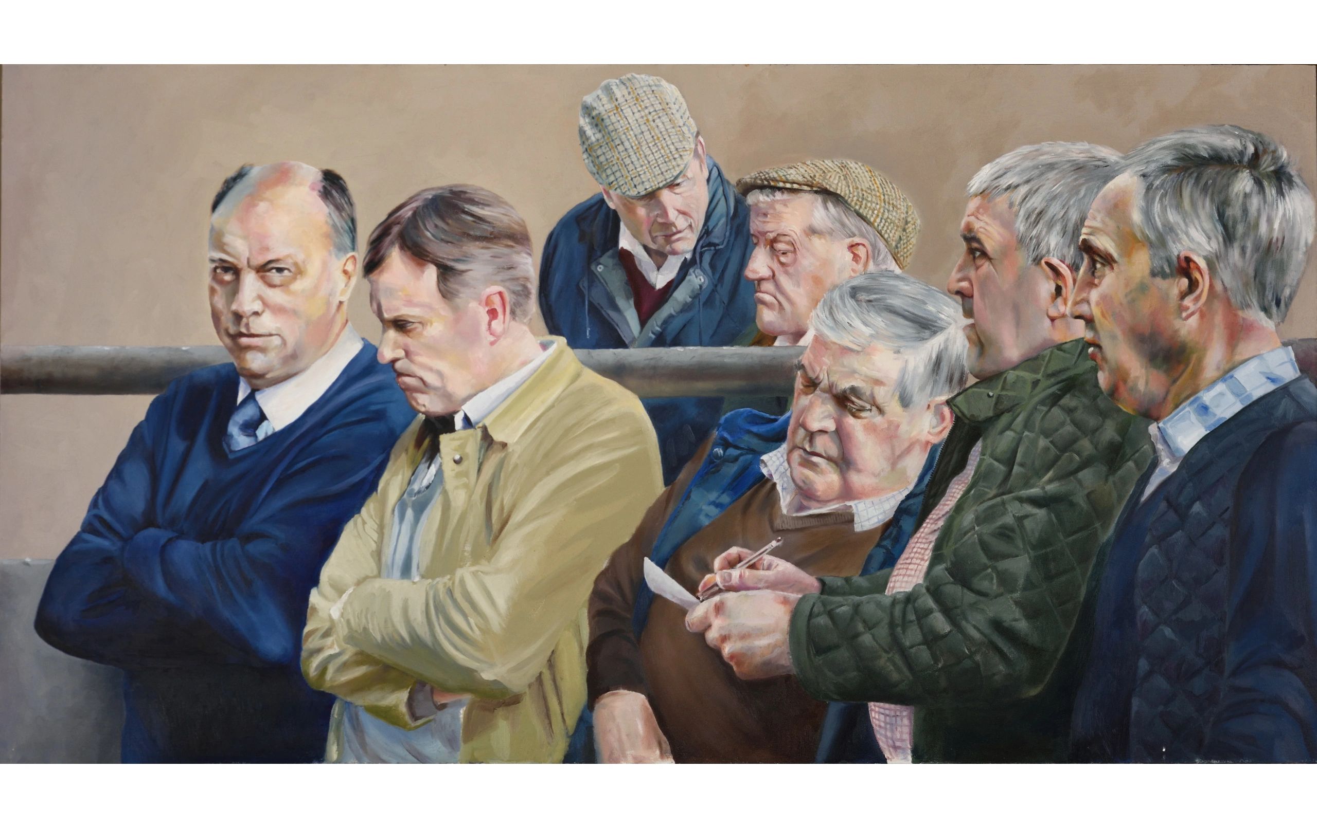 Oil painting on board. Group of farmers at livestock market.