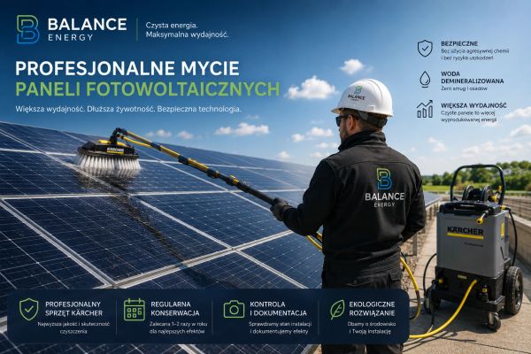 Profesjonalne mycie paneli fotowoltaicznych przez pracownika firmy Balance Energy.