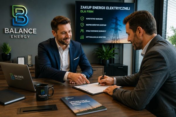 Dwóch mężczyzn omawia zakup energii elektrycznej w biurze Balance Energy.