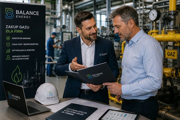 Dwóch mężczyzn dyskutuje o zakupie gazu w firmie Balance Energy.