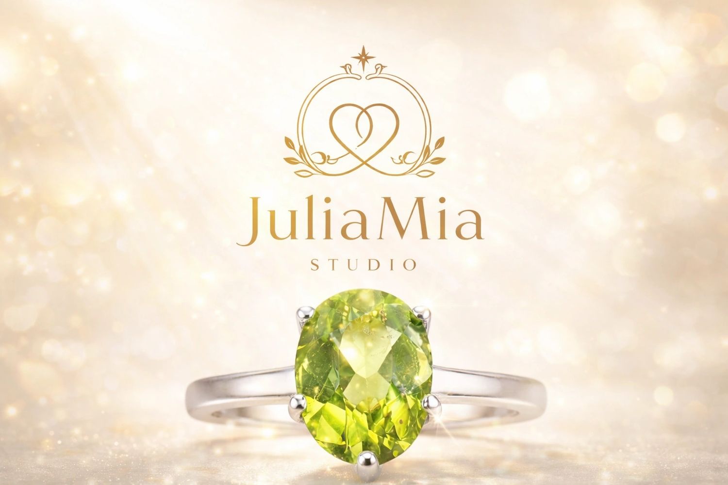 Elegant silver ring with a green gemstone and JuliaMia Studio logo.